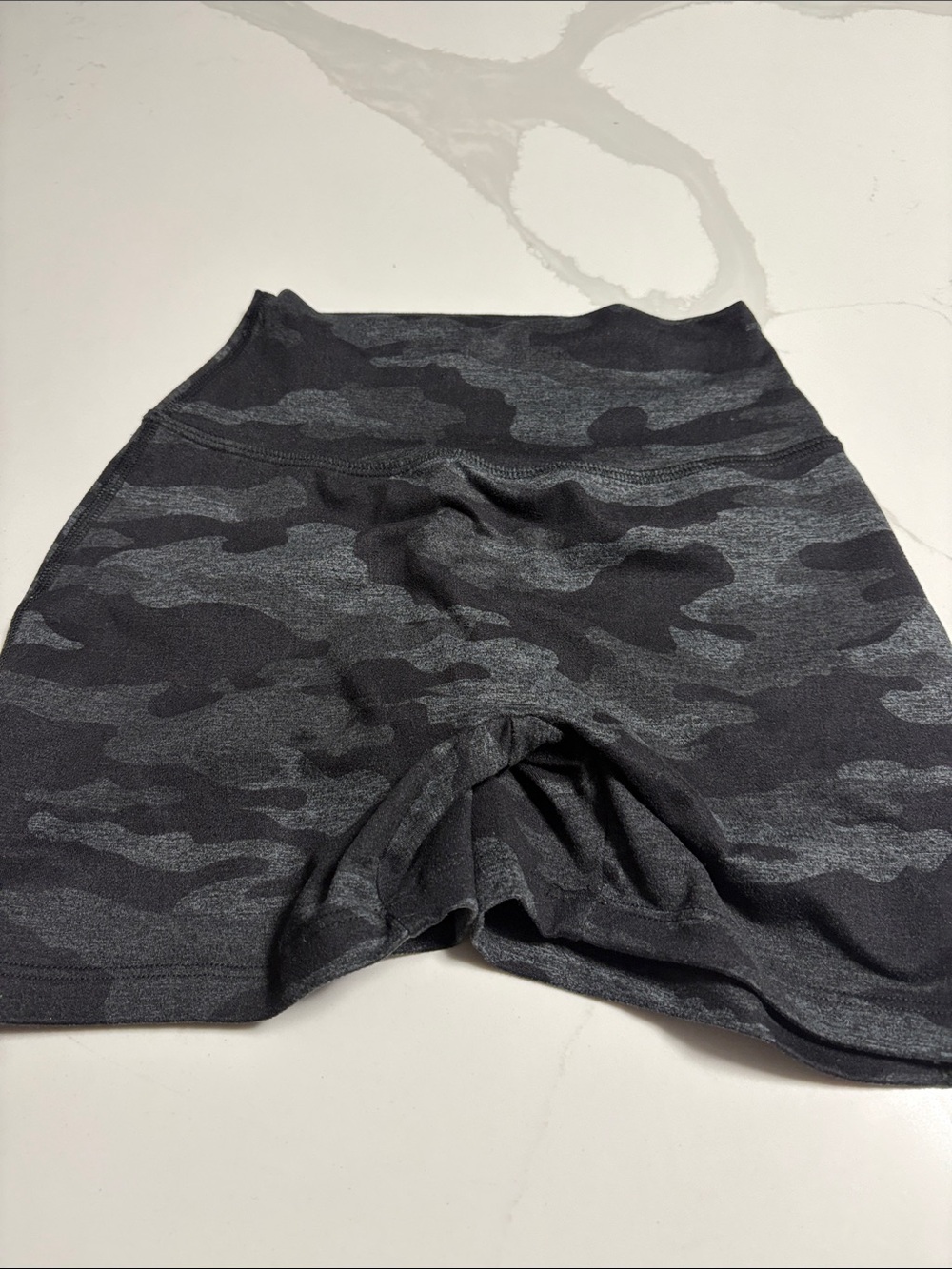 Bombshell Sportswear Black Camo High-Waist Womenโs Shorts